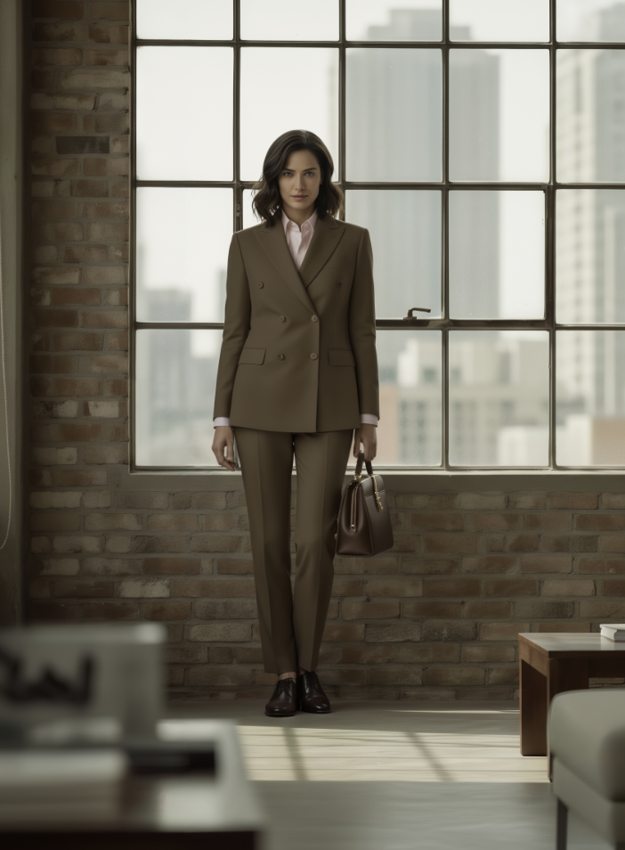 Women's Light Brown Double Breasted / Two Piece Suit Italian Pure Wool Super 110'S
