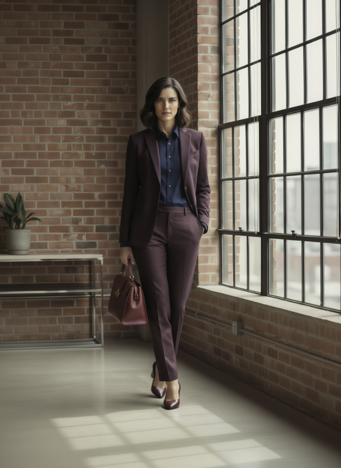 Women's Dark Burgundy Single Breasted / Two Piece Suit Italian Pure Wool Super 110'S