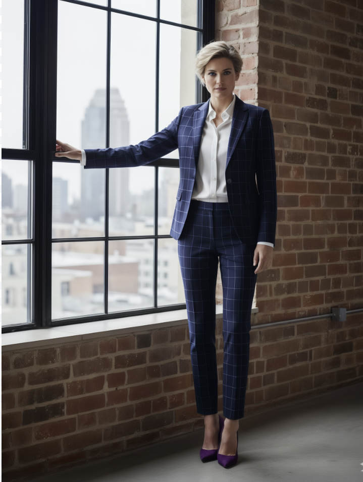 Women's Dark Navy/ Purple Check Single Breasted / Two Piece Suit Italian Pure Wool Super 110'S