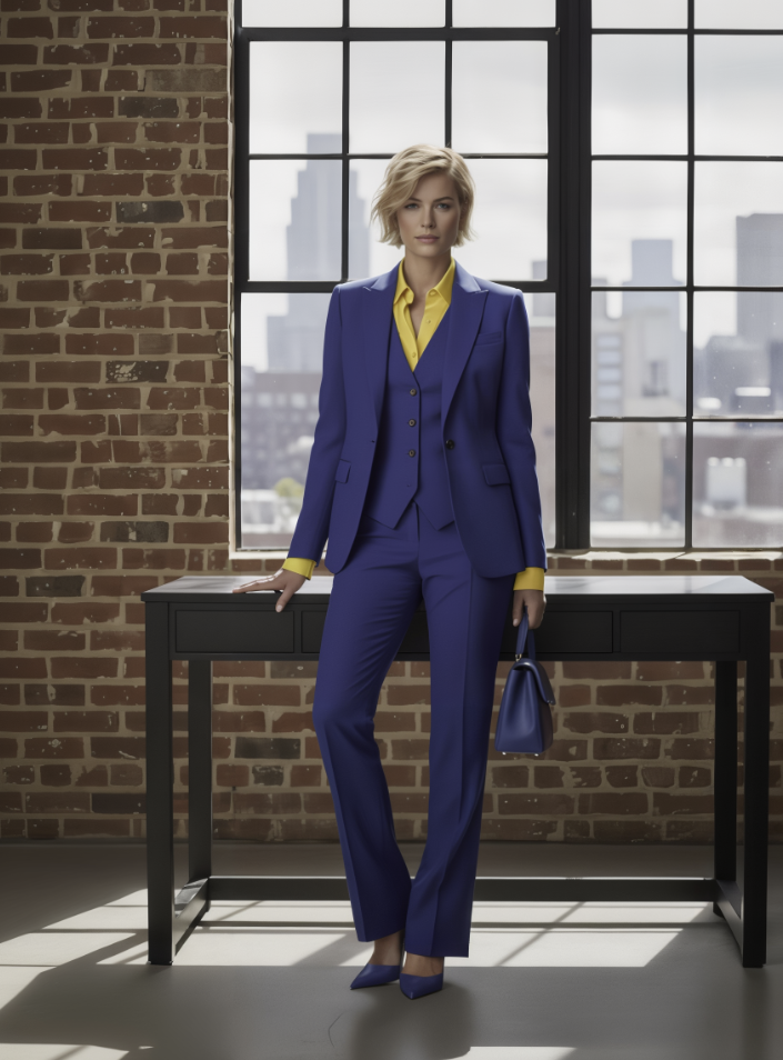 Women's Royal Blue Single Breasted / Three Piece Suit Italian Pure Wool Super 110'S