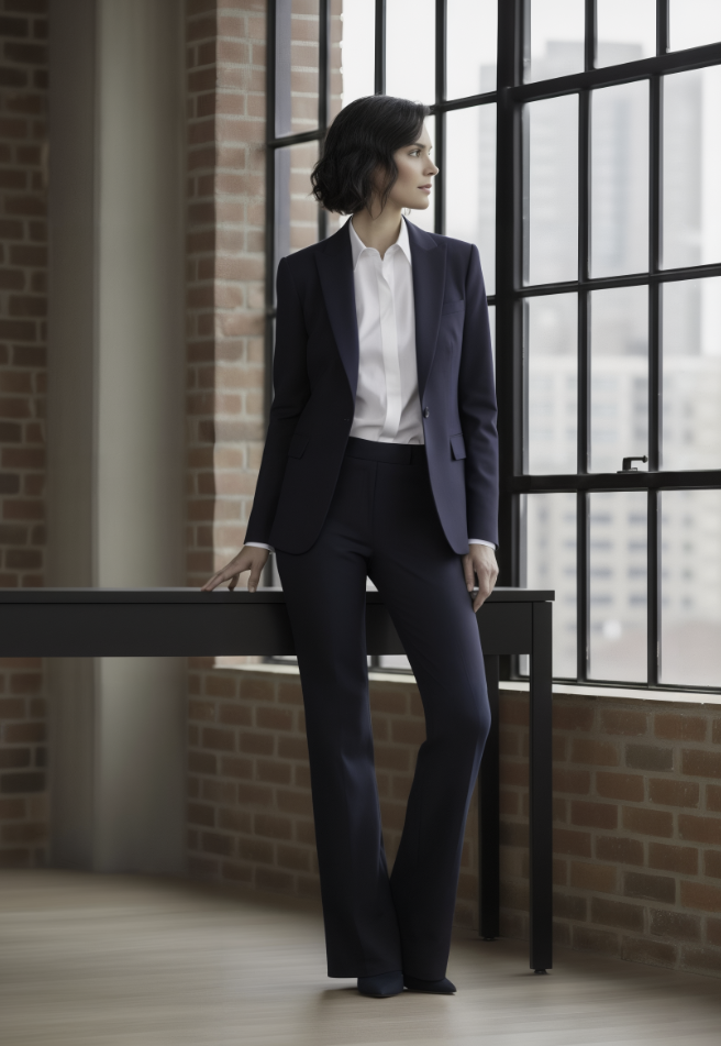 Women's Navy Herringbone Single Breasted / Two Piece Suit Italian Pure Wool Super 110'S