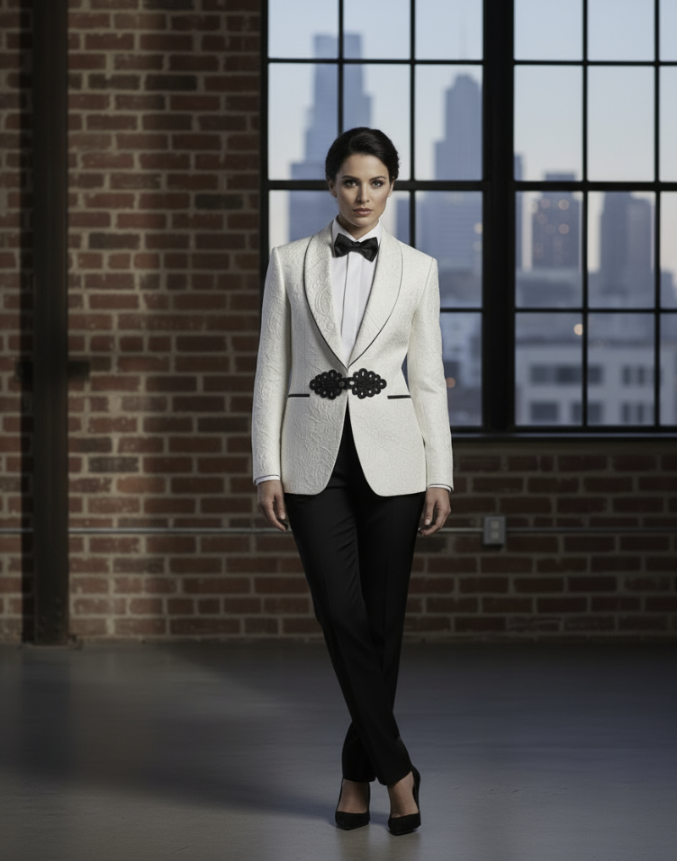 Women's Tuxedo Ivory and Black Jacquard Jacket / Style Number J39157/220