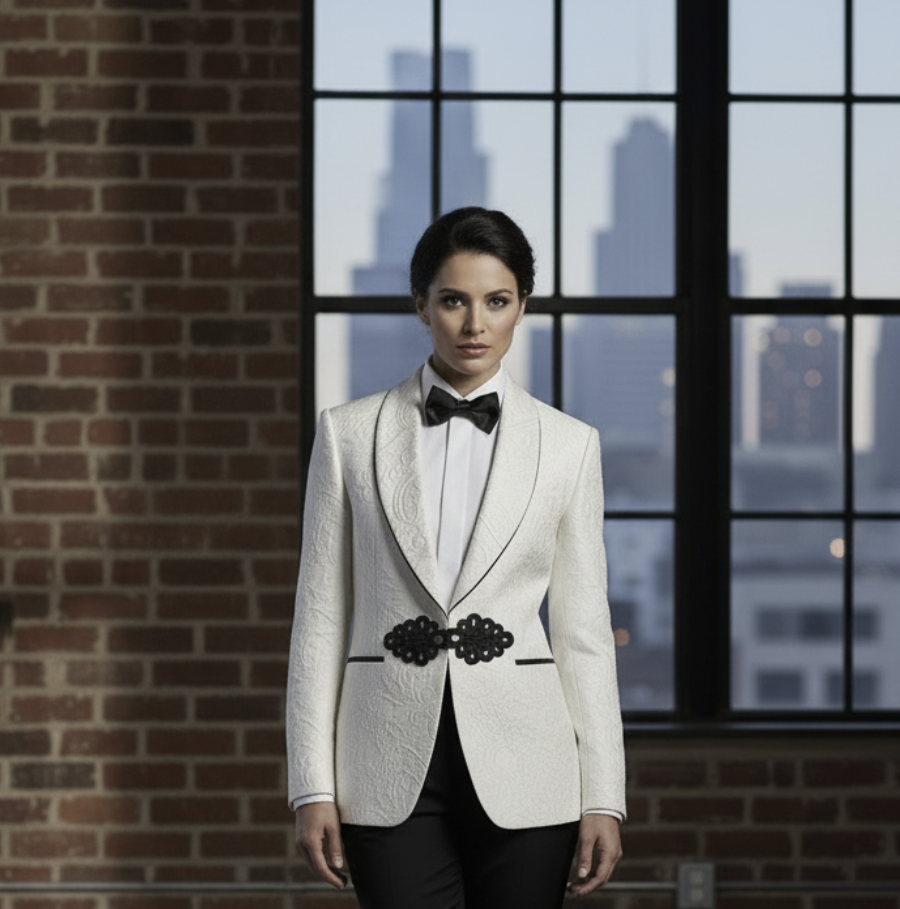 Women's Tuxedo Ivory and Black Jacquard Jacket / Style Number J39157/220