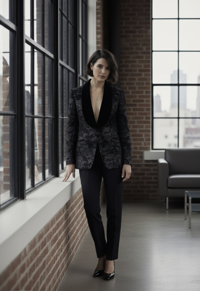 Women's Tuxedo Black and Patterned Brocade Jacket / Style Number J39141/200