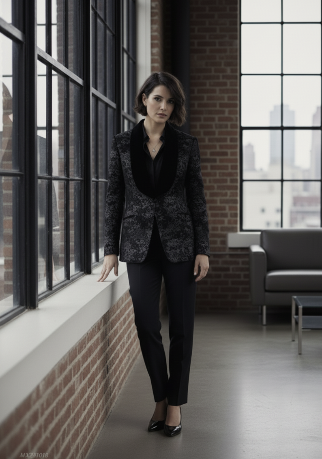 Women's Tuxedo Black and Patterned Brocade Jacket / Style Number J39141/200