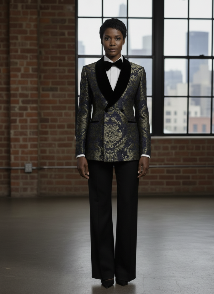 Women's Tuxedo Navy and Black Patterned Jacquard Jacket / Style Number J39171/220