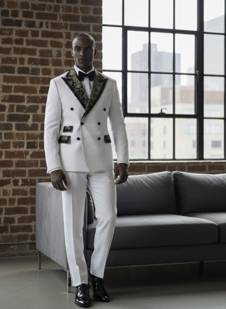 Tuxedo White and Gold/ Black Jacquard Jacket / Style Number J39224/220