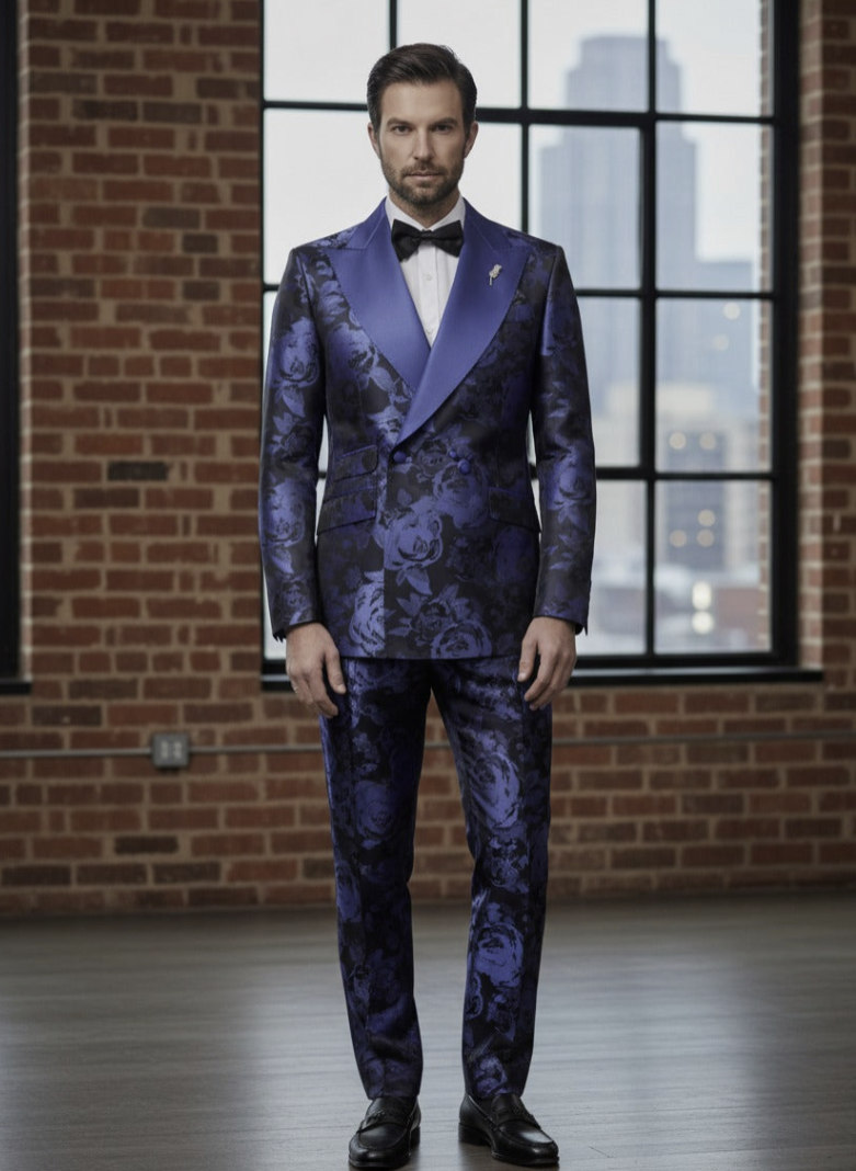 Tuxedo Blue and Navy Patterned Brocade Jacket / Style Number J39144/200