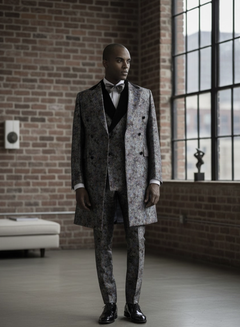 Tuxedo Sage Green/ Orange/ Teal / Grey Patterned Brocade long Jacket/ Style Number J39128/200