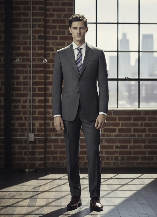 Mid/Grey Textured Single Breasted / Two Piece Suit Italian Pure Wool Super 110'S