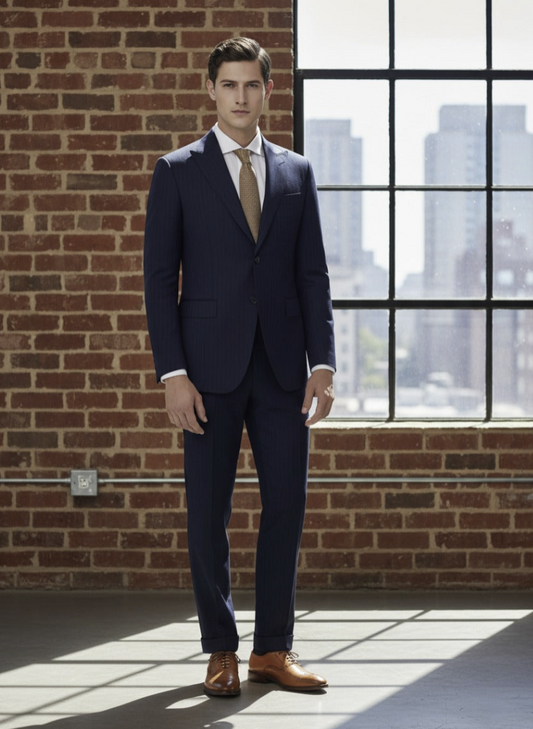 Dark Navy Stripe Single Breasted / Two Piece Suit Italian Pure Wool Super 110'S