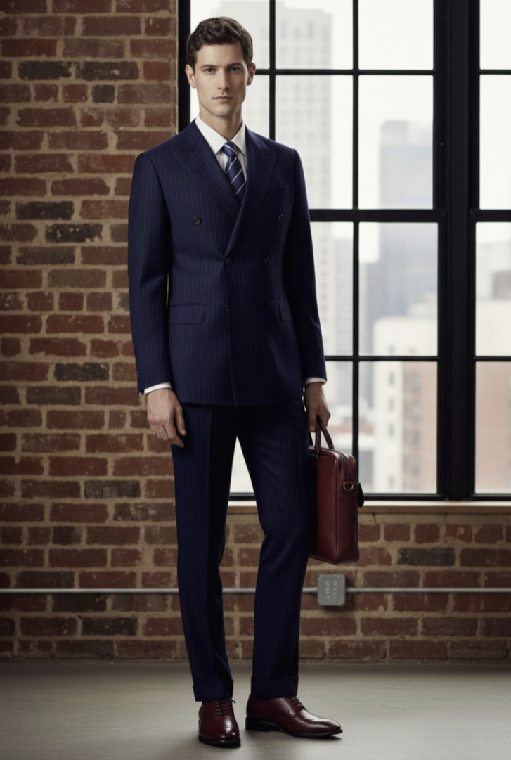 Navy/ Blue Pinstripe Double Breasted / Two Piece Suit Italian Pure Wool Super 120'S