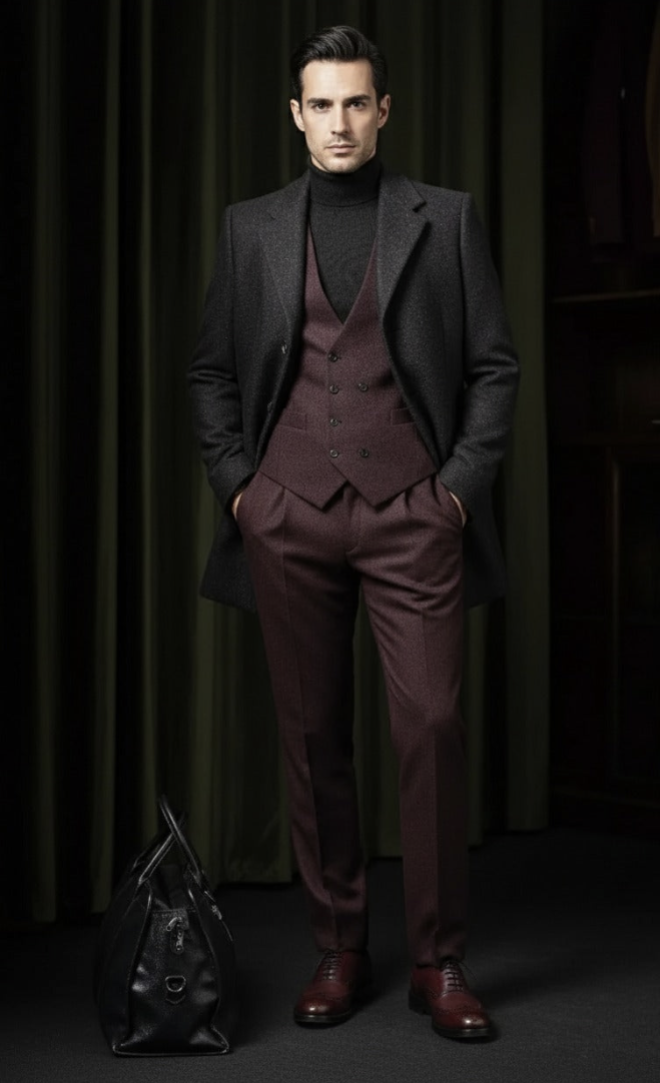 Black and Burgundy Single Breasted Overcoat Style No DBU9046