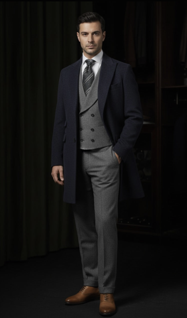Navy Cashmere SB2 Overcoat /Grey Wool Trousers Style No DHH0010-DAV7768
