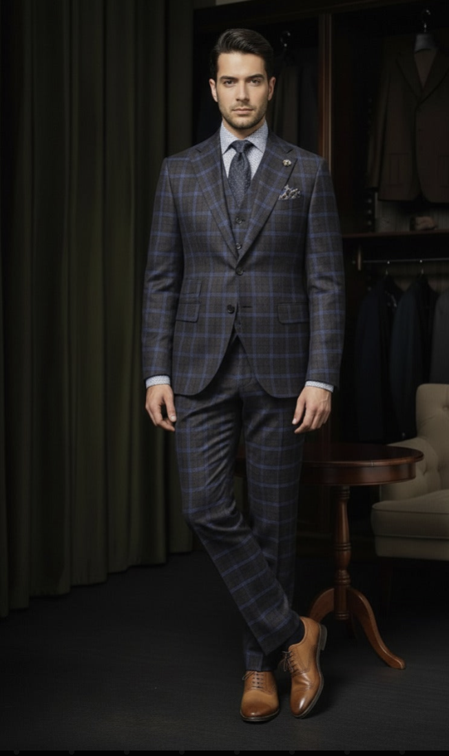 Purple and Navy Check Single Breasted Jacket / Plus Purple and Navy Check Trousers