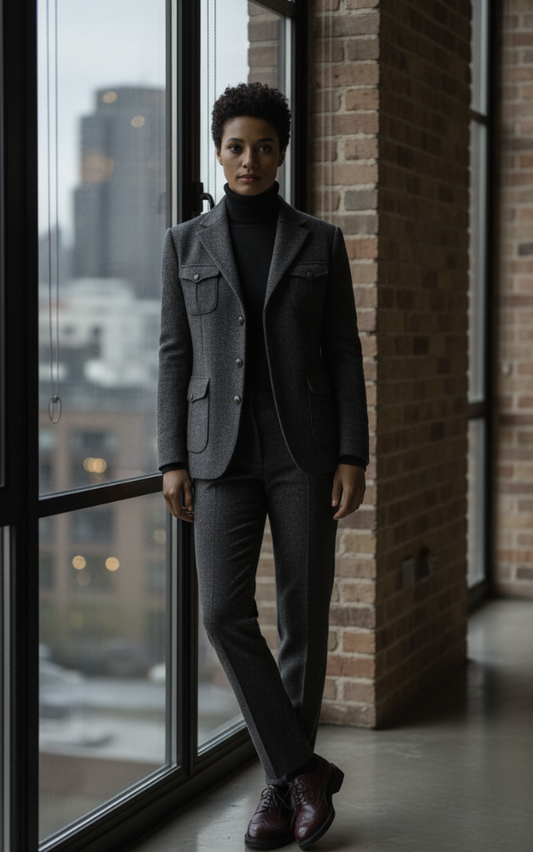 Women's Charcoal Tweed Jacket  / Plus Custom Tweed Trousers Style No DBU9064- DAV7762