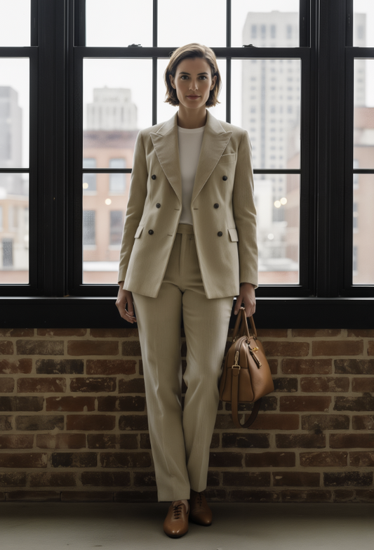 Women's Light Beige Cord Double Breasted Jacket / Light Beige Cord Trousers Style No DJJ0079