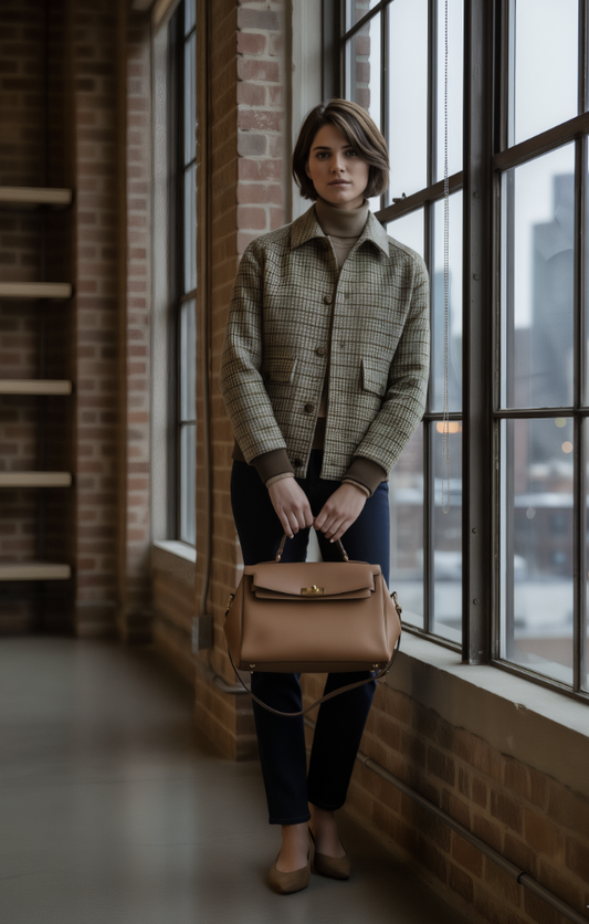 Women's Green Check Tweed Jacket / Plus Dark Navy Denim Jeans Style No DBU7562-DNN0009