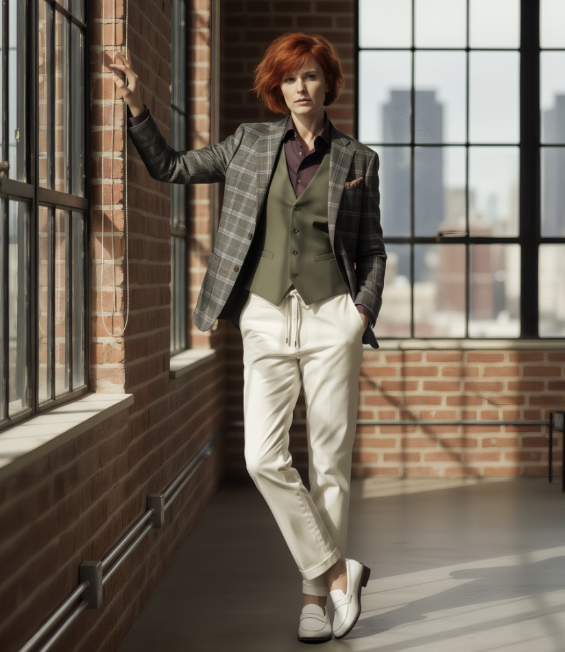 Women's Soft Casual / Wool - Linen Single Breasted Green Check Jacket Style No DZZ0049