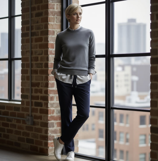 Women's Grey Crew Neck 10% Cashmere 90% Wool Plain Knit