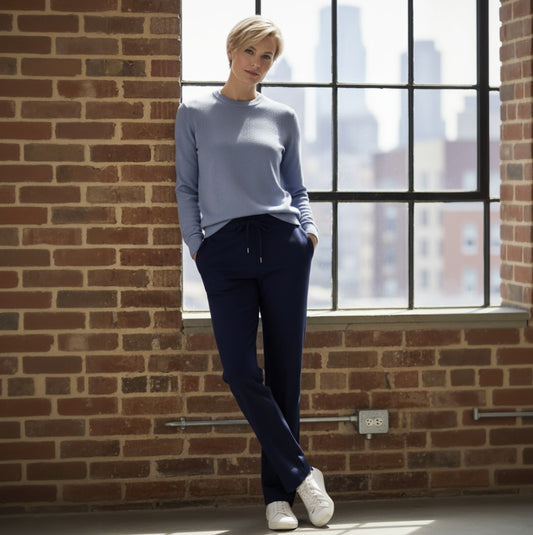 Women's Sky Blue Crew Neck 10% Cashmere 90% Wool Plain Knit