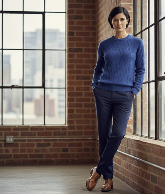 Women's Mid Blue Crew Neck 100% Cashmere Cable Knit