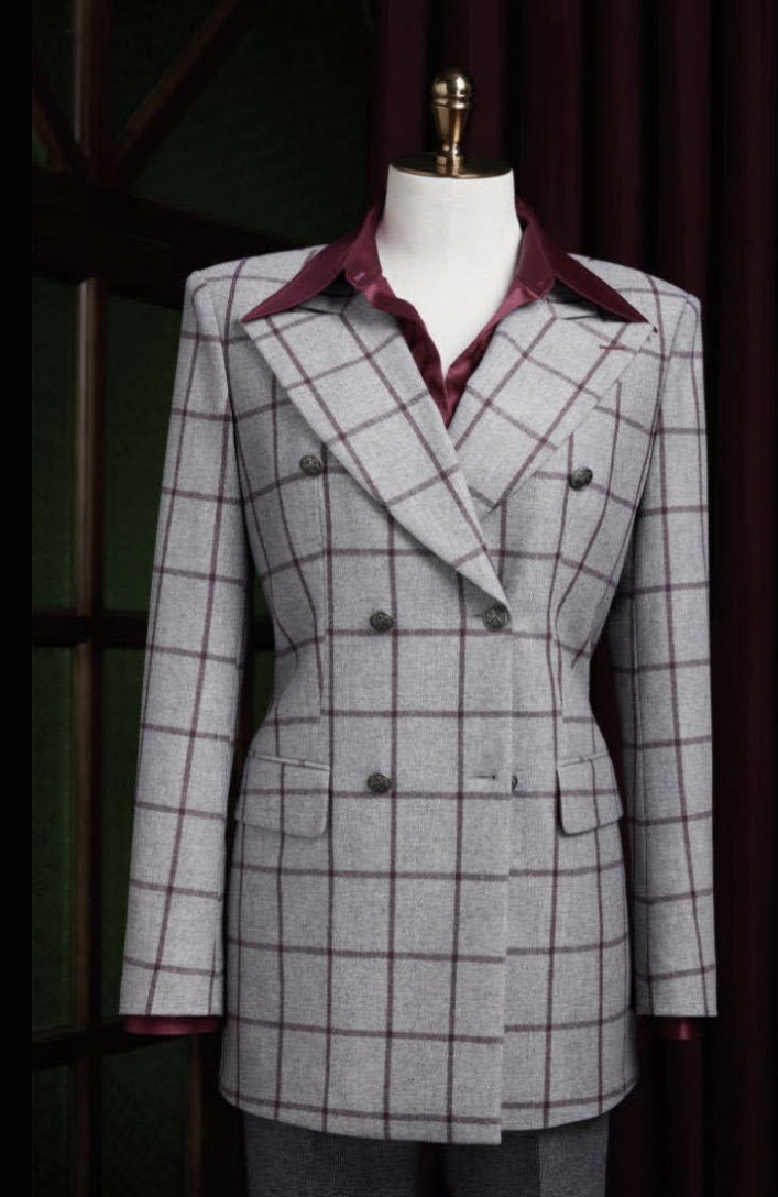 Grey-Wine Ladies Double Breasted Check Wool Jacket / Style No DBV084A