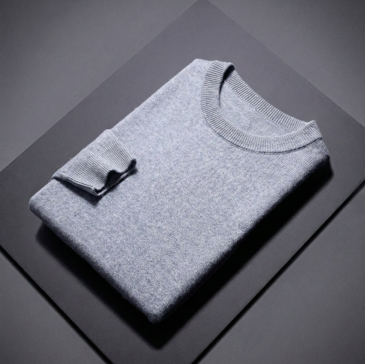 Sky Blue Crew Neck 10% Cashmere 90% Wool Plain Knit