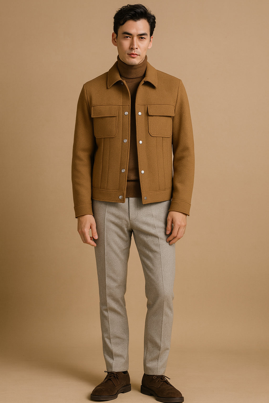 Man wearing a brown jacket and light grey pants against a beige background