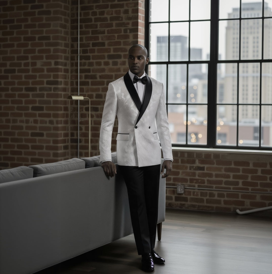 Tuxedo White/ Black Brocade Jacket DB / Style Number J39151/200