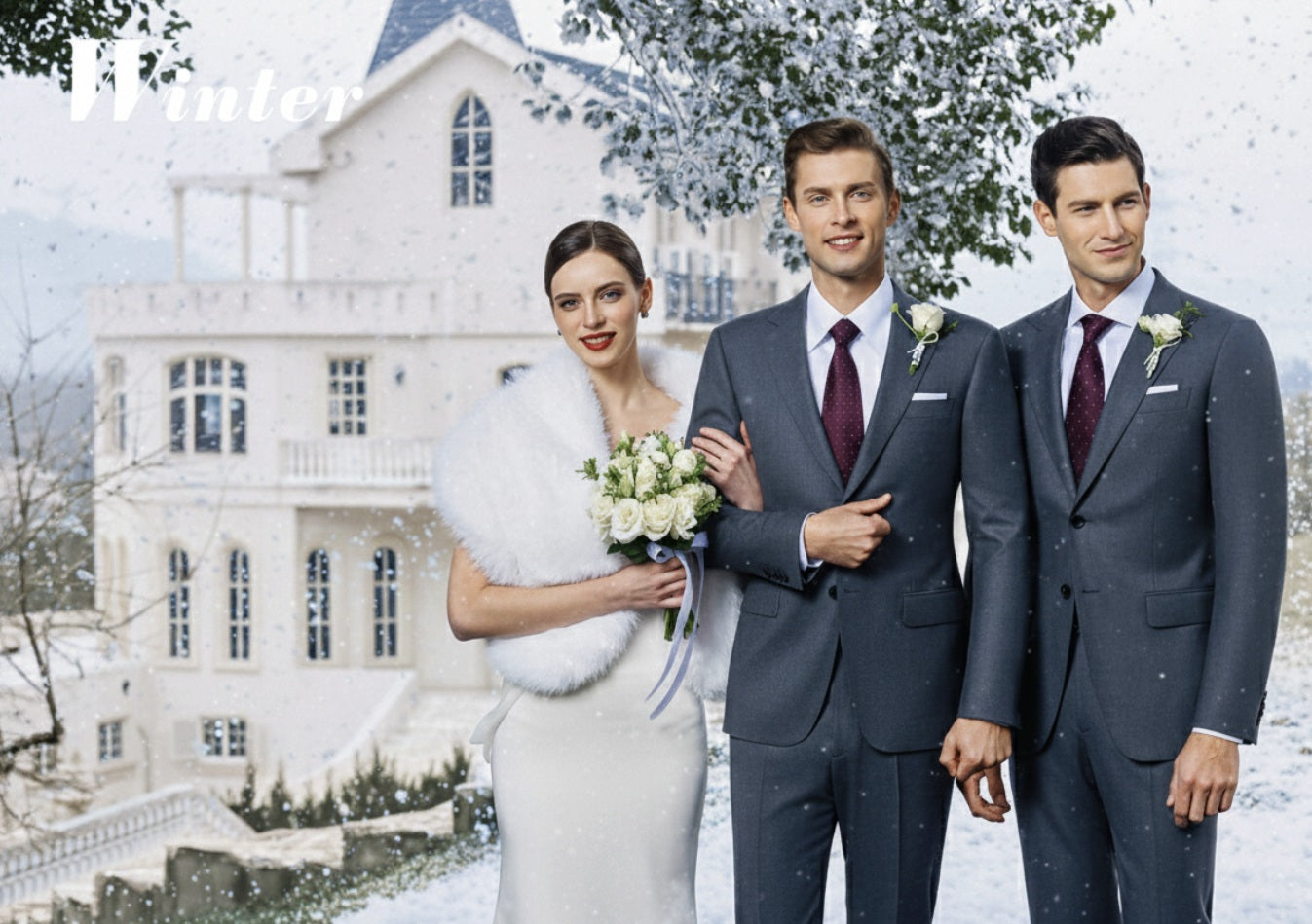 Two men in suits standing with a woman in a white dress in front of a snowy house.