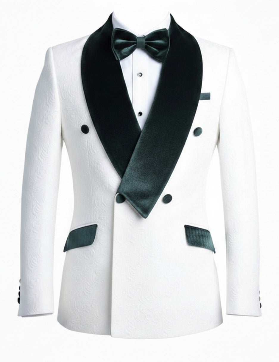 White tuxedo jacket with green Velvet lapels and bow tie on a white background