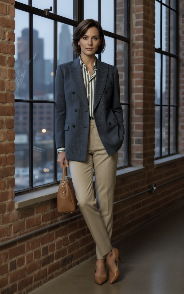 Woman in professional attire standing by a window with a cityscape view