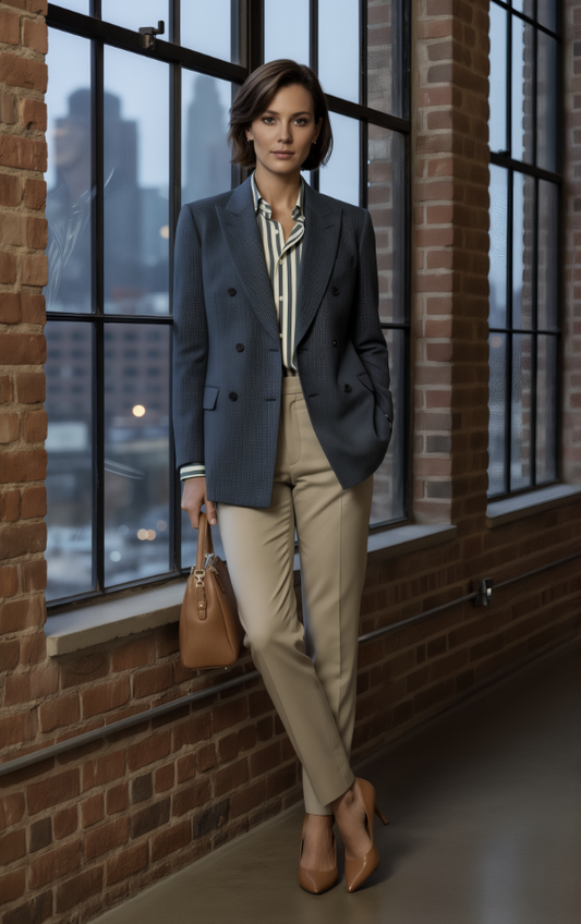 Woman in professional attire standing by a window with a cityscape view