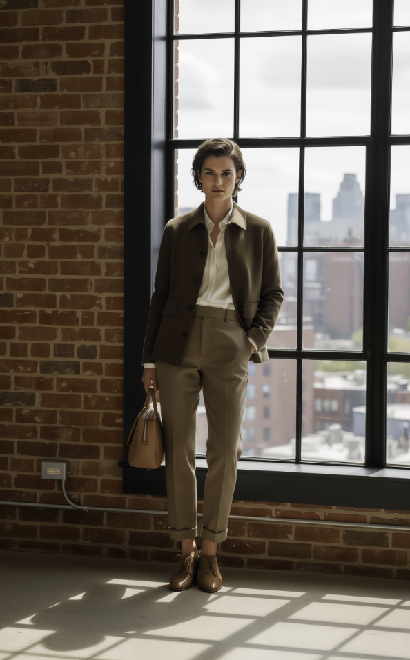 Women in a stylish outfit standing in a room with large windows and a brick wall.