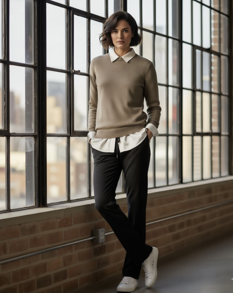 Women's Beige Crew Neck 10% Cashmere 90% Wool Plain Knit