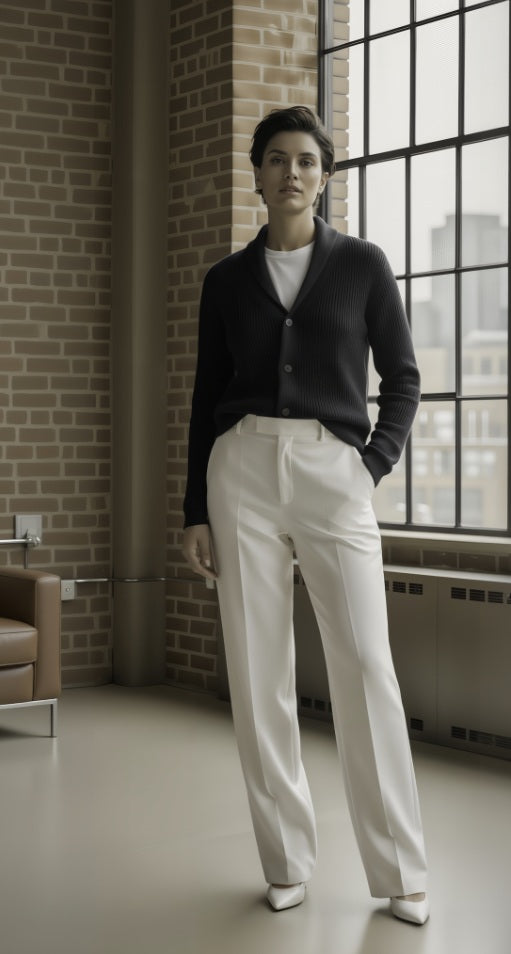 Person wearing a dark cardigan and white pants standing in a room with large windows and brick walls.