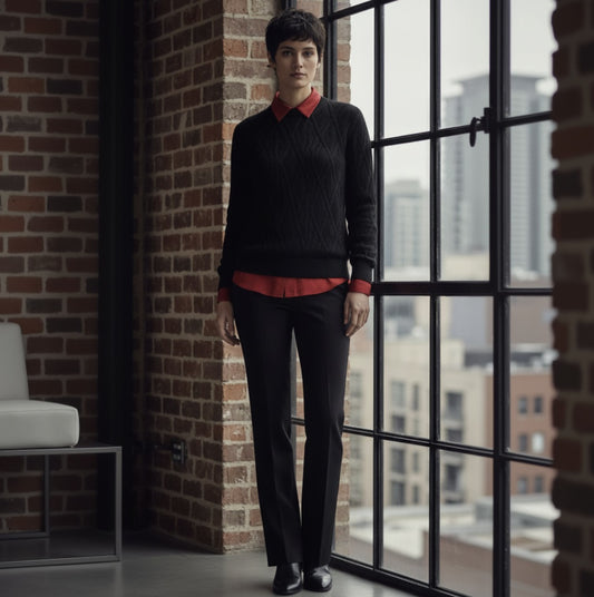 Person wearing a black sweater with red collar and black pants standing by a large window with a cityscape view.