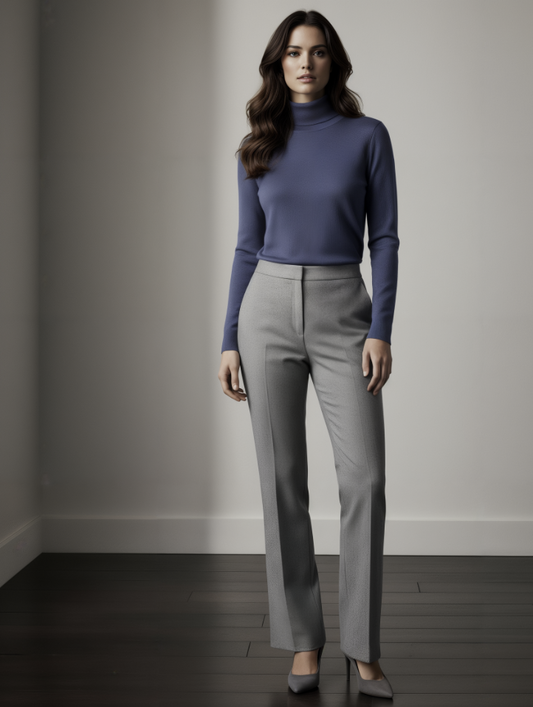 Woman wearing a blue turtleneck and gray pants against a plain background