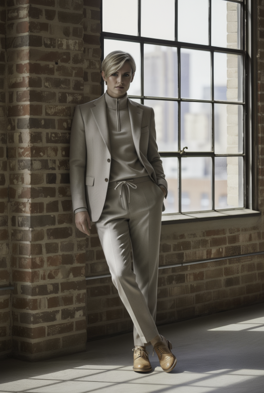 Person wearing a beige suit standing in front of a large window with a brick wall background