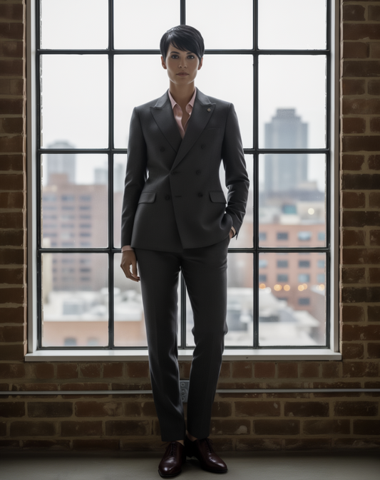 Person wearing a dark gray suit standing in front of large windows with a cityscape view.
