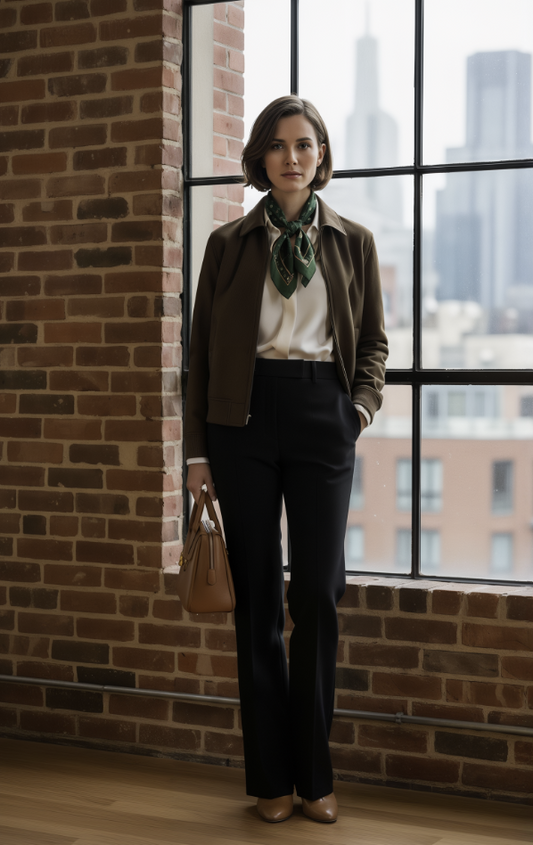 Woman in professional attire standing in front of a large window with a cityscape view.