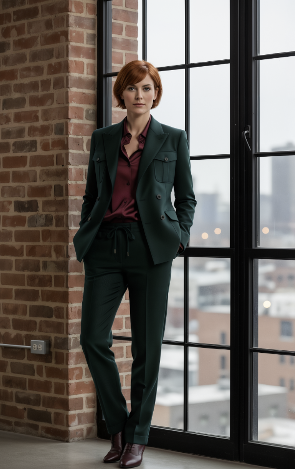 Person wearing a green suit standing by a window with a cityscape view.