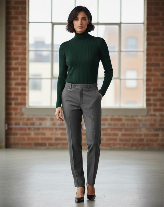 Woman wearing a green turtleneck and gray pants standing in front of a brick wall with large windows.