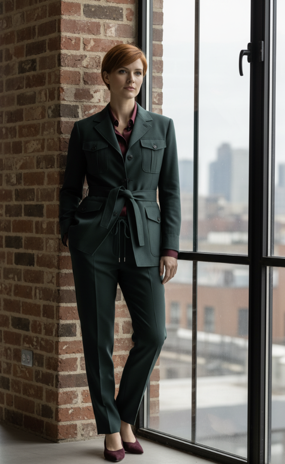 Woman in a green suit standing by a window with a cityscape view