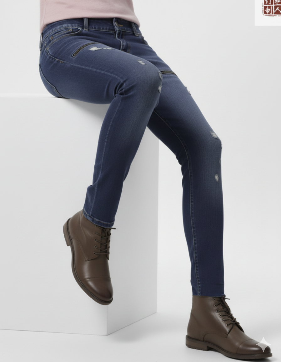 Person wearing blue jeans and brown shoes on a white background