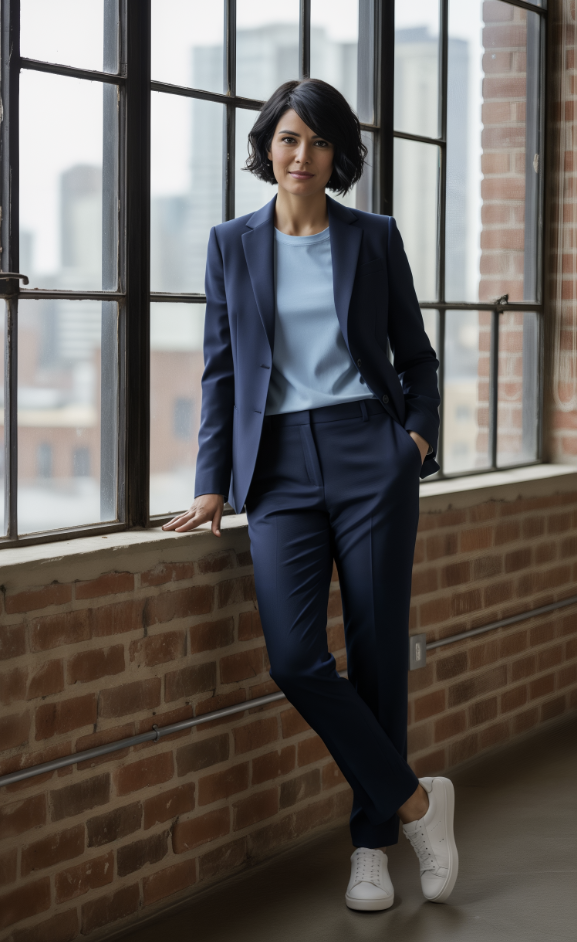 Woman in a navy suit standing by a window with a brick wall background