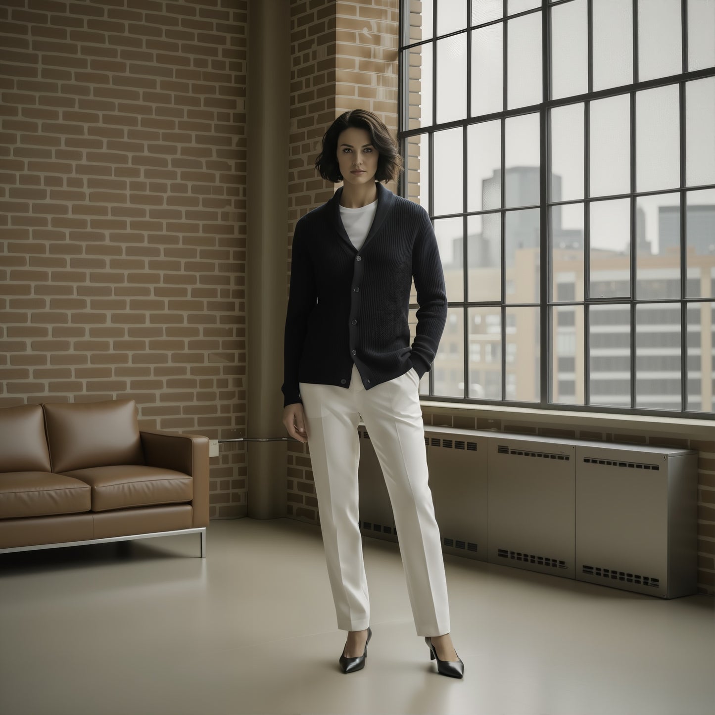 Woman standing in a modern room with large windows and a brick wall.