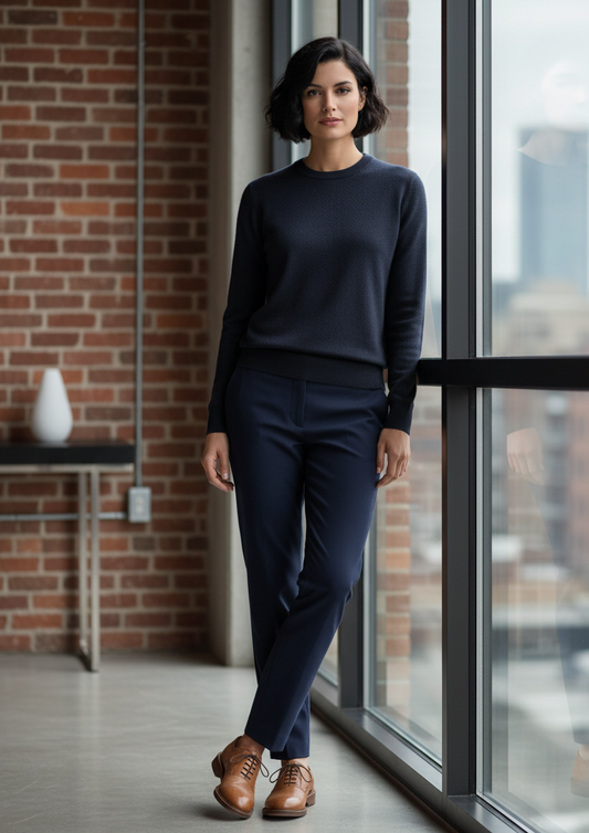 Woman in a navy outfit standing by a large window with a cityscape view.