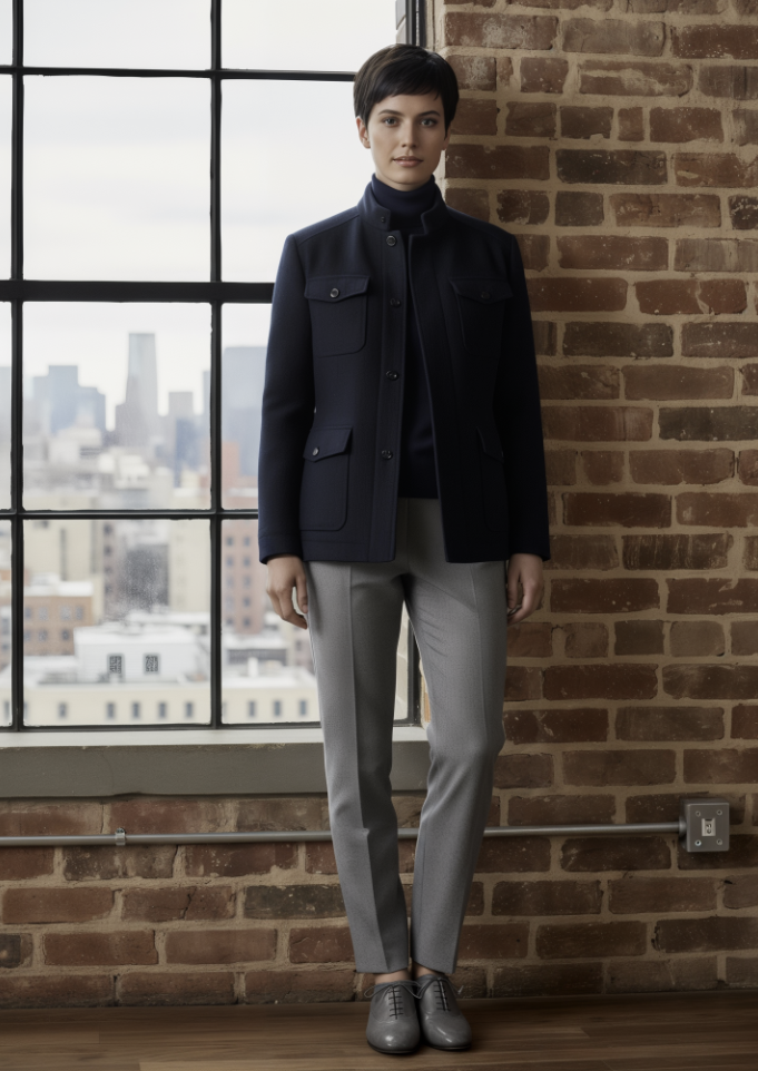 Person wearing a dark jacket and light gray pants standing against a brick wall with a cityscape view.